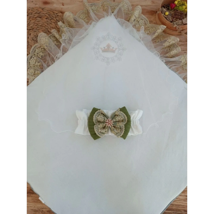 Yenidoğan Teri Cotton Taç Nakışlı Prizma Taş Kundak Bebek Battaniyesi Yeşil