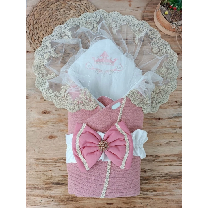 Yenidoğan Tericotton Örgülü Trilüx Bebek Battaniyesi Kundak Gül Kurusu