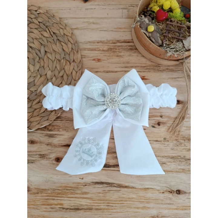 Yenidoğan Titi Taç Nakışlı Plazma Taşlı Güpürlü Çift Fiyonk Duvaklı Trilüks Kundak Bebek Battaniyesi Gümüş