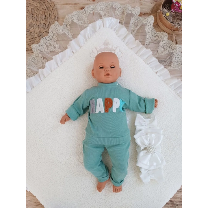 Yenidoğan Wool Yün Kumaş Taç Nakışlı Güpür Duvaklı Fiyonk Prizma Taş Unisex Kundak Bebek Battaniyesi Bej
