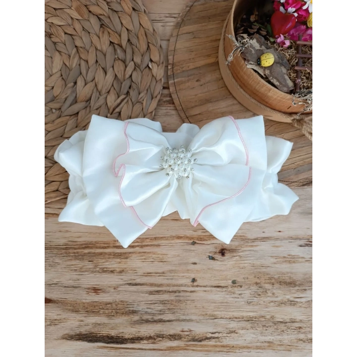 Yenidoğan Wool Yün Kumaş Taç Nakışlı Güpür Duvaklı Fiyonk Prizma Taş Unisex Kundak Bebek Battaniyesi Pembe