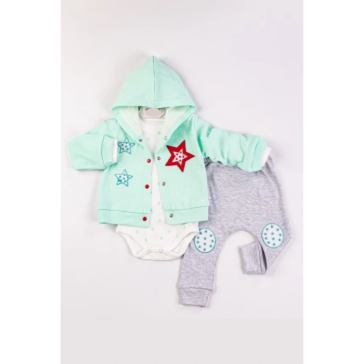 Yıldız Nakışlı Kapişonlu Kız Bebek Takımı