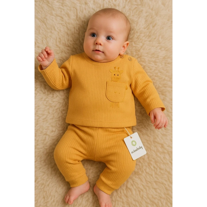 Zürafa Cep Nakışlı Omuzdan Düğmeli % 100 Pamuk Erkek Bebek Takım