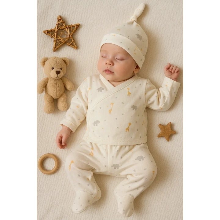 Zürafa Desenli 3 Parça Erkek Bebek Hastane Çıkışı % 100 Pamuk