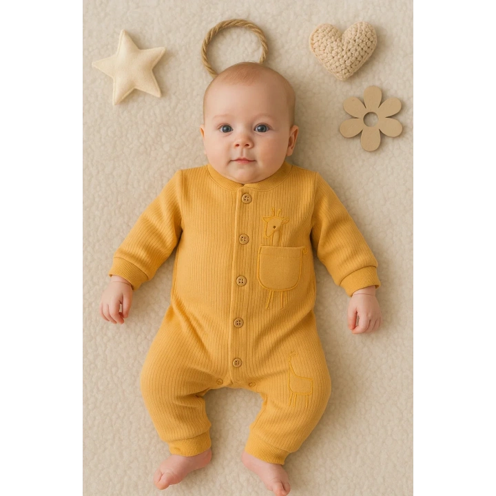 Zürafa Nakışlı Cepli % 100 Pamuk Erkek Bebek Tulumu