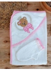 0-1 Yaş Bear Nakışlı El Keseli 2li Kız Bebek Havlu Takımı Pembe