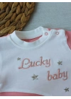 0-3 3-6 Ay Lucky Baby Nakışlı Es Çizgi Boy Şapkalı Kız Bebek Tulumu Pudra