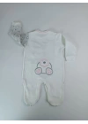 0-3 3-6 Ay Minik Tavşan Nakışlı Boydan Çıtçıt Kapamalı Kız Erkek Bebek Tulumu Ekru