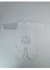 0-3 3-6 Ay Minik Tavşan Nakışlı Boydan Çıtçıt Kapamalı Kız Erkek Bebek Tulumu Ekru