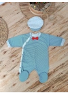 0-3 3-6 Ay Papyonlu Çizgi Desen Çıtçıt Kapama Kasketli Erkek Bebek Tulumu Lacivert