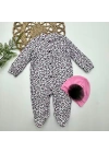 0-3-6-9 Ay Leopar Baskılı Tam Boy Çıtçıtlı Patikli Güllü Boneli Kız Bebek Tulumu Pembe