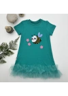 1-2-3 Yaş Arıcık Nakışlı Eteği Fırfırlı Jile Kız Çocuk Elbisesi Turkuaz