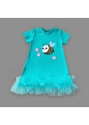 1-2-3 Yaş Arıcık Nakışlı Eteği Fırfırlı Jile Kız Çocuk Elbisesi Turkuaz