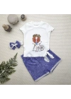 1-2-3 Yaş Bisikletli Kız Baskılı Bandanalı Kot Desenli Şort Kısa Kollu Tişört 3lü Kız Bebek Takımı Mavi
