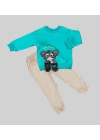 1-2-3 Yaş Filli Sallanan Ayak Desenli Likra Penye Kumaş Sweat Pantolonlu Kız Erkek 2li Çocuk Takımı Mint Yeşili