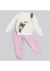 1-2-3 Yaş Hello Zürafa Nakışlı Kuzu Kumaş Sweat Pantolon Uzun Kollu Kız Erkek 2 Li Takımı Pembe