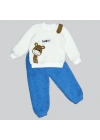 1-2-3 Yaş Hello Zürafa Nakışlı Kuzu Kumaş Sweat Pantolon Uzun Kollu Kız Erkek 2 Li Takımı Saks Mavisi