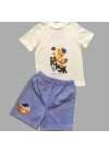 1-2-3 Yaş Kaykaycı Ayı Baskılı Şortlu Kısa Kollu Tişört 2li Erkek Bebek Takımı İndigo