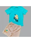 1-2-3 Yaş Kaykaycı Ayı Baskılı Şortlu Kısa Kollu Tişört 2li Erkek Bebek Takımı Turkuaz