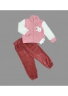 1-2-3 Yaş Kuzu Kumaş Fermuarlı Sweat Kadife Pantolonlu Uzun Kollu Kız Erkek Çocuk 2li Takım Gül Kurusu