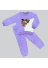1-2-3 Yaş Masum Yavru Sincap Nakışlı Kuzu Kumaş Sweat Pantolon 2li Kız Erkek Bebek Takımı Lila