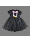 1-2-3 Yaş Payet Fiyonk Tokalı Ördek Nakışlı Astarlı Kız Bebek Tütü Elbisesi Siyah