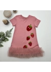 1-2-3 Yaş Payetli Çilekler Nakışlı Eteği Fırfırlı Jile Kız Çocuk Elbisesi Gül Kurusu