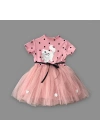 1-2-3 Yaş Payetli Kedicik Baskılı Puantiyeli Kız Bebek Elbisesi Gül Kurusu