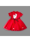 1-2-3 Yaş Payetli Kedicik Baskılı Puantiyeli Kız Bebek Elbisesi Kırmızı