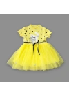 1-2-3 Yaş Payetli Kedicik Baskılı Puantiyeli Kız Bebek Elbisesi Sarı