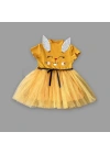 1-2-3 Yaş Payetli Kulak Tavşan Baskılı Kız Bebek Elbisesi Hardal