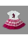 1-2-3 Yaş Payetli Mickey Baskılı Brode Etekli Kız Bebek Elbisesi Fuşya