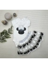 1-2-3 Yaş Payetli Mickey Nakışlı Kısa Kollu Brode Etekli 2li Kız Bebek Takımı Siyah
