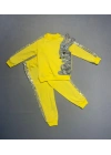 1-2-3 Yaş Payetli Pelüş Tavşan Desenli Likra Penye Kumaş Sweat Pantolonlu Kız 2li Çocuk Takımı Sarı