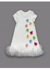 1-2-3 Yaş Renkli Kelebekler Nakışlı Eteği Fırfırlı Jile Çocuk Elbisesi Beyaz