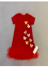 1-2-3 Yaş Renkli Kelebekler Nakışlı Eteği Fırfırlı Jile Çocuk Elbisesi Kırmızı