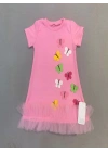 1-2-3 Yaş Renkli Kelebekler Nakışlı Eteği Fırfırlı Jile Çocuk Elbisesi Pembe