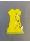 1-2-3 Yaş Renkli Kelebekler Nakışlı Eteği Fırfırlı Jile Çocuk Elbisesi Sarı