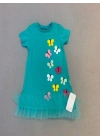 1-2-3 Yaş Renkli Kelebekler Nakışlı Eteği Fırfırlı Jile Çocuk Elbisesi Turkuaz