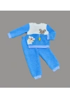 1-2-3 Yaş Sallanan Balık Nakışlı Kuzu Kumaş Sweat Pantolon Uzun Kollu Kız Erkek 2 Li Takımı Saks Mavisi
