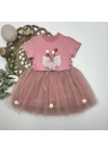 1-2-3 Yaş Tül Fiyonk Çiçekler Nakışlı Astarlı Kız Bebek Tütü Elbisesi Pudra