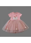 1-2-3 Yaş Tül Fiyonk Çiçekler Nakışlı Astarlı Kız Bebek Tütü Elbisesi Pudra