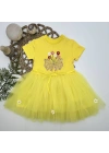 1-2-3 Yaş Tül Fiyonk Çiçekler Nakışlı Astarlı Kız Bebek Tütü Elbisesi Sarı