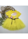 1-2-3 Yaş Tül Tokalı Bulut Civciv Ve Yıldız Nakışlı Kız Bebek Elbisesi Sarı