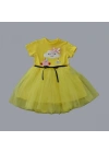 1-2-3 Yaş Tül Tokalı Bulut Civciv Ve Yıldız Nakışlı Kız Bebek Elbisesi Sarı