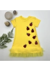 1-2-3 Yaş Uğur Böceği Nakışlı Fırfır Uçlu Kız Çocuk Jile Elbisesi Sarı