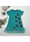 1-2-3 Yaş Uğur Böceği Nakışlı Fırfır Uçlu Kız Çocuk Jile Elbisesi Turkuaz