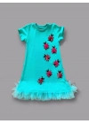 1-2-3 Yaş Uğur Böceği Nakışlı Fırfır Uçlu Kız Çocuk Jile Elbisesi Turkuaz