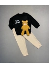 2-3-4 Yaş Ayıcık Sallanan Ayak Desenli Likra Penye Kumaş Sweat Pantolonlu Kız Erkek 2li Çocuk Takımı Siyah