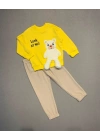 2-3-4 Yaş Ayıcık Sallanan Ayak Desenli Likra Penye Kumaş Sweat Pantolonlu Kız Erkek 2li Çocuk Takımı Sarı